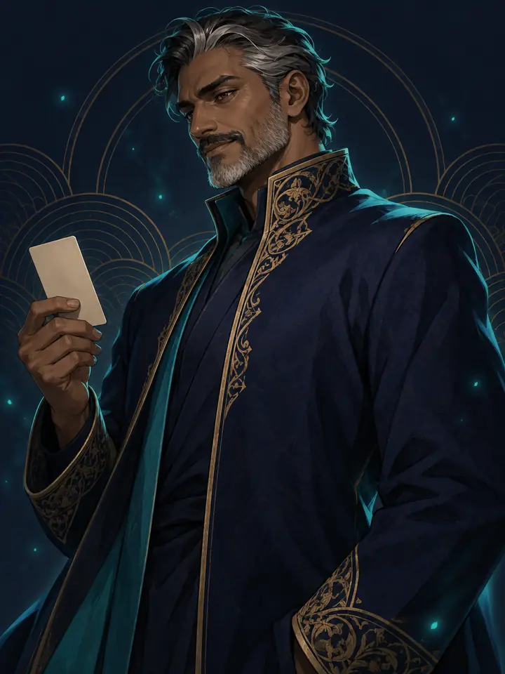 Arjun, an original Learn the Table character, studying a card