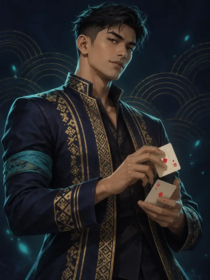 Rafael, The Wanderer, holding 9♦ 8♦