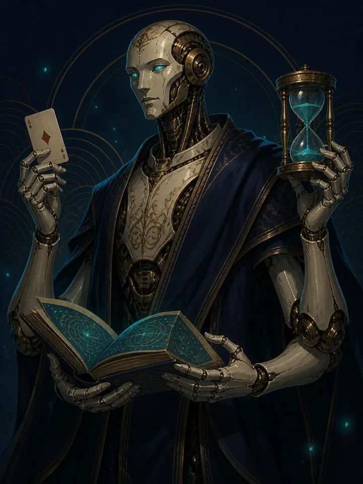 Tychon, a four-armed robot monk holding an hourglass, an ace and an open book